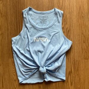 light blue NASA muscle tank with tie front detail and American flag